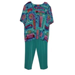 Vintage City Girl by Nancy Bolen Pant Suit Set Teal Floral Women’s Size 14 1980s